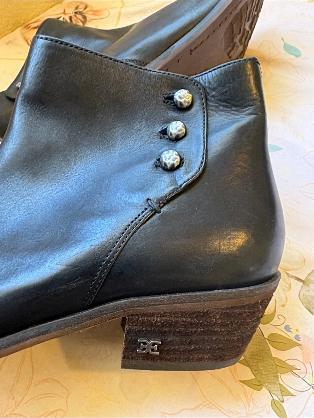Sam Edelman Black Leather Ankle Booties with Side Zip & Button Detail